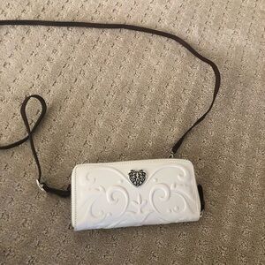 Brighton White Embossed Heart Crossbody Wallet with Brown Strap